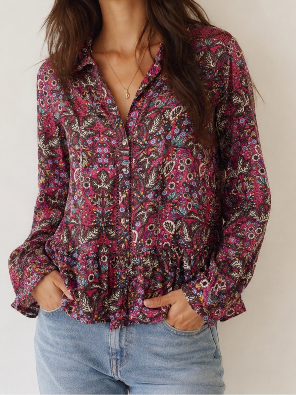 Anthropologie Maeve Janie Flounced Peasant Blouse Burgundy Floral Size 8 EUC